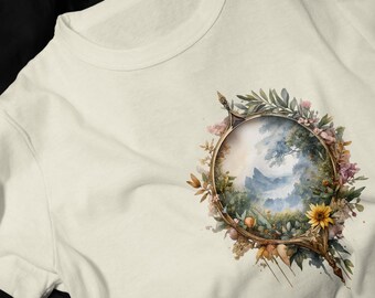 Vintage Landscape Circle Floral T-Shirt | Scenic Nature Mountain Meadow