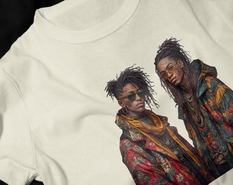 Two Stylish Street Portraits T-Shirt | Urban Retro Jacket Illustration