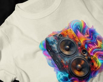 Colorful Speaker Audio Art T-Shirt | Neon Music Wave Tee