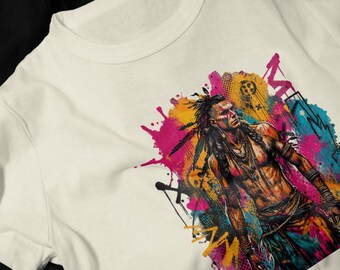 Colorful Warrior Illustration T-Shirt | Neon Paint Tribal Warrior Tee
