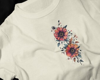Autumn Dahlia Floral vertical print T-Shirt | Orange Flowers on Black