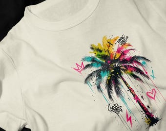 Neon Graffiti Palm Tree T-Shirt | Tropical Drip Paint, Spray Heart & Lightning