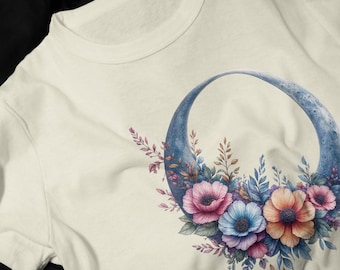 Floral Crescent Moon T-Shirt | Botanical Moon Graphic