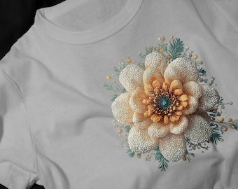 Golden White Pearled Dahlia T-Shirt | Floral Botanical Illustration