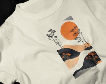 Abstract Sunset Landscape T-Shirt | Orange Moon, Trees, Geometric Art