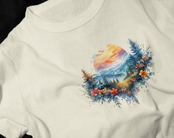 Sunset Mountain Landscape T-Shirt | Floral Forest Scenery