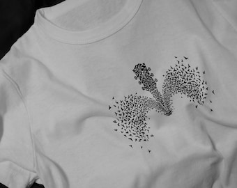 Gitaar met vliegende vogels T-shirt | Akoestische gitaar vogelsilhouet