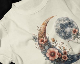 Floral Crescent Moon Moonlit T-Shirt | Botanical Night Sky