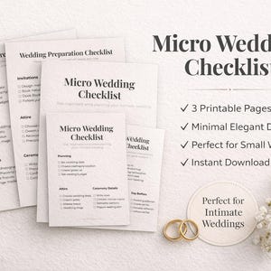 May include: A set of printable wedding checklists titled "Micro Wedding Checklist" in a minimalist design. The image features wedding rings and floral decorations, ideal for small, intimate weddings. The checklists are designed for planning and include sections for attire, vendors, and ceremony details.