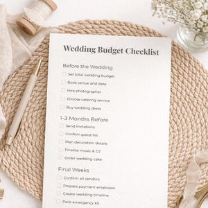 May include: A wedding budget checklist with a neutral color palette. The checklist includes tasks like setting a budget, booking a venue, and hiring vendors. A pen, scissors, and decorative elements surround the checklist.