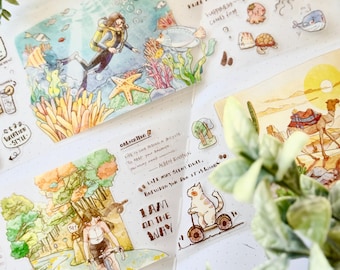 Taśma podróżna PET, wstępnie wycięta taśma dekoracyjna z motywami przygód, krajobrazów i pór roku do tworzenia dzienników, scrapbookingu, planerów i kolaży