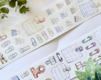 Stickers Ruban papier écrivable, tape papeterie prédécoupé avec notes, trombones et pinces pour journaling, planner et scrapbooking