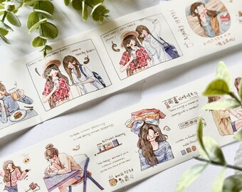Nastro washi pretagliato con scene di vita quotidiana e personaggi femminili, ideale per journaling, scrapbooking, bullet journaling, decorazione di agende e come adesivo.