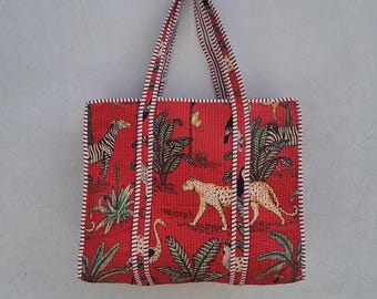 Handmade Quilted Cotton Tote Bag, Red Jungle Animal Print Shoulder Bag