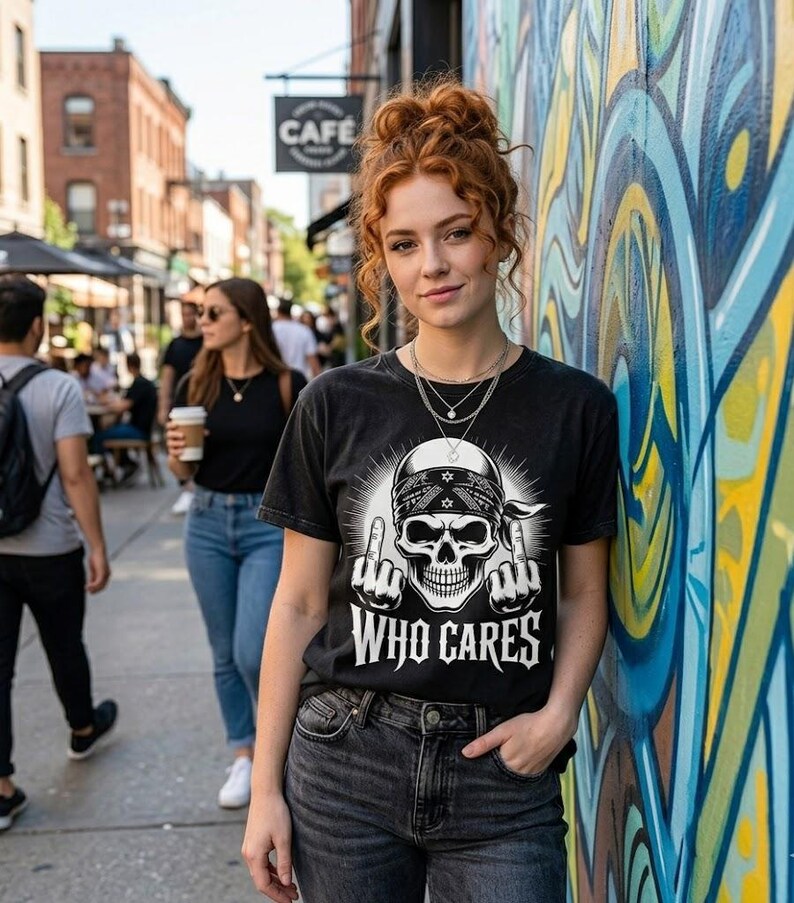 May include: A black short-sleeve t-shirt featuring a white graphic print of a skull wearing a bandana, giving the middle finger with both hands, and the text "WHO CARES" printed in a bold, stylized font below the skull illustration.