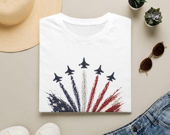 Maglietta con aereo da combattimento USA / Maglietta grafica patriottica sull'aviazione, abbigliamento per il Giorno dell'Indipendenza