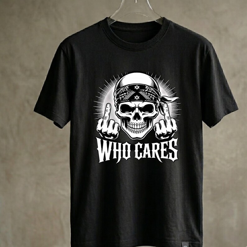 May include: A black short-sleeve t-shirt featuring a white graphic print of a skull wearing a bandana. The skull is shown with both hands raised, each displaying a middle finger. Below the skull, the text WHO CARES is printed in white.