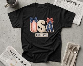 USA Est 1776 Patchwork  Printed T-Shirt | Patriotic Bow Graphic Tee