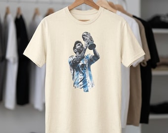 Maglietta con la stampa del trofeo della Coppa del Mondo FIFA di Lionel Messi / Maglietta con grafica della leggenda del calcio / Maglietta per tifosi di calcio / Regalo per campioni, maglietta unisex in cotone pesante