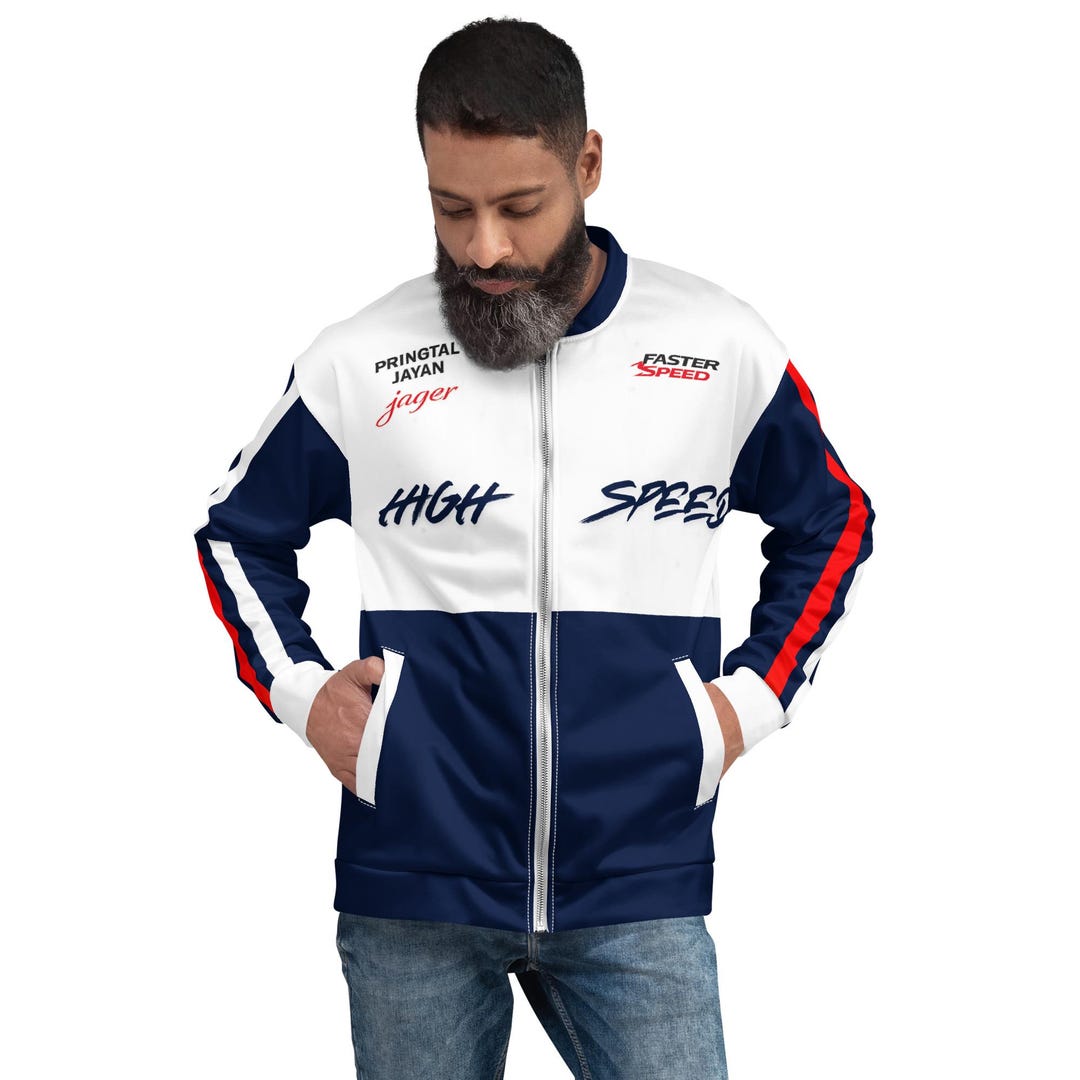 Unisex Racing Bomber Jacket, F1 Style Streetwear Coat, Navy White ...