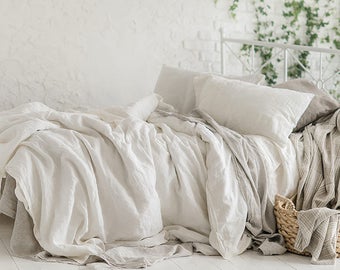 Cal King Pure Linen Bed Duvet Cover White W.106" x L.96" Stonewashed - Custom size- Custom size
