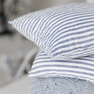 Pair of Natural Linen Pillowcases Shams Standard Queen King Euro White and Navy Blue stripes Stonewashed Handmade Eco