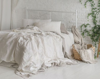 Linen bedding set in White. King, Queen duvet cover set. 3 piece washed linen set with two pillowcases