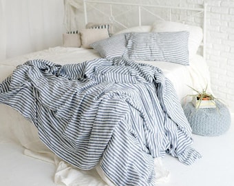 Blue Striped Linen bedding set. King, Queen duvet sizes. Linen Duvet cover set with 2 pillowcases