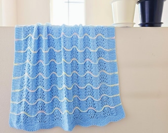 NEW Handmade BLUE Knit Crochet BABY Afghan Blanket Throw Newborn Infant Wave Trim