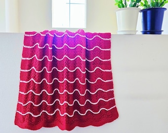 Handmade RED Knit Crochet BABY Afghan Blanket Throw Newborn Infant Wave Trim BURGUNDY Wine