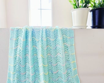 NEW Handmade PASTEL GREEN Knit Crochet Baby Afghan Blanket Throw Newborn Infant Wave Trim Mint Aqua