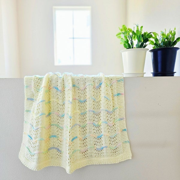 NEW Handmade CREAM Knit Crochet BABY Afghan Blanket Throw Newborn Infant Wave Trim Antique White