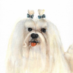 Original Oil DOG Portrait Painting MALTESE with Bows Artist Signed Puppy Pet Art Artwork
