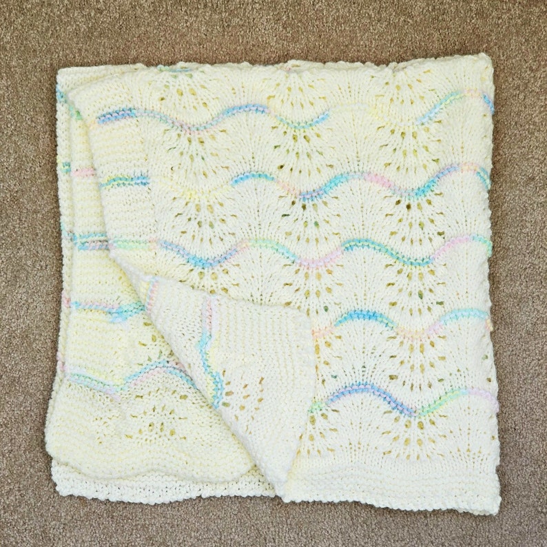 NEW Handmade CREAM Knit Crochet BABY Afghan Blanket Throw Newborn Infant Wave Trim Antique White image 3