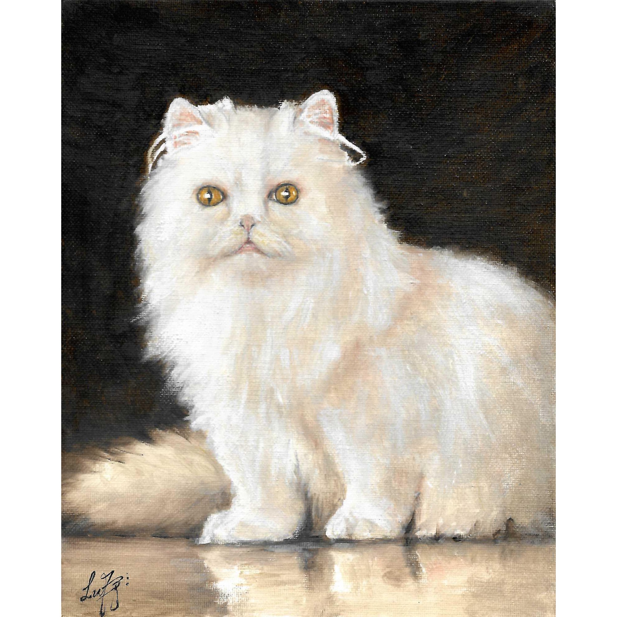 Original Oil Portrait Painting WHITE CAT Persian Artist Signed Art
