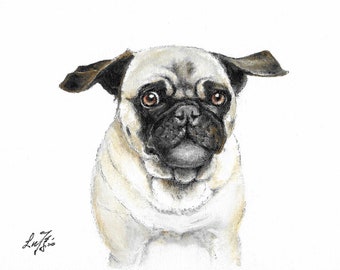 Original Dog Oil Portrait Painting PUG Artist Signed Art Artwork Pet Puppy 8"x10" on Canvas