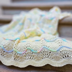 NEW Handmade CREAM Knit Crochet BABY Afghan Blanket Throw Newborn Infant Wave Trim Antique White image 2