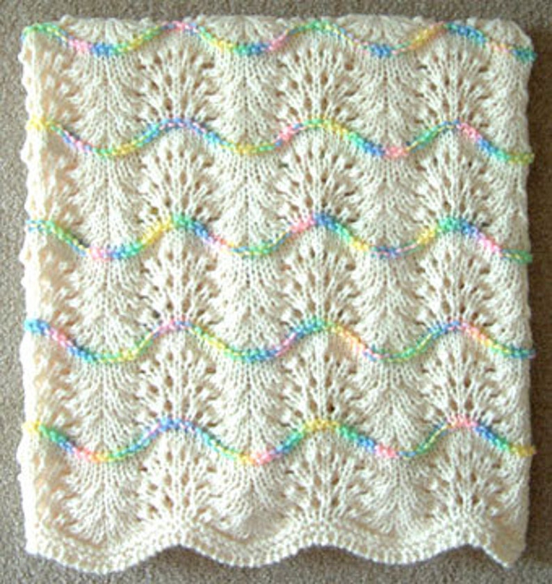 NEW Handmade CREAM Knit Crochet BABY Afghan Blanket Throw Newborn Infant Wave Trim Antique White image 7
