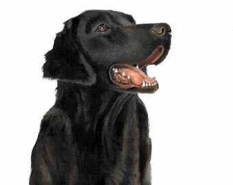 Original Oil Art FLAT COATED RETRIEVER Portrait Painting Dog Artist Signed Black Lab Puppy