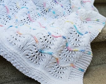 NEW Handmade WHITE Knit Crochet BABY Afghan Blanket Throw Newborn Infant Wave Trim