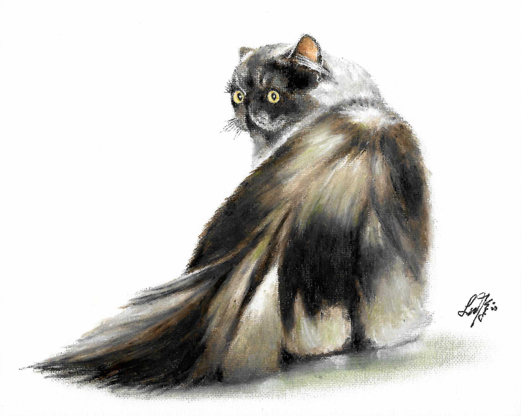 Original Oil Portrait Painting PERSIAN BLACK SMOKE Cat Artist Signed ...