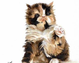 Pintura a óleo original de retrato, tartaruga persa e gato branco, arte assinada, animal de estimação, gatinho, arte