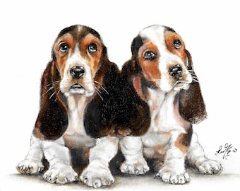 Original Oil Portrait Painting BASSET HOUND Artist Signed Puppy Dog Pet Animal Family Artwork Art Home Wall Decor
