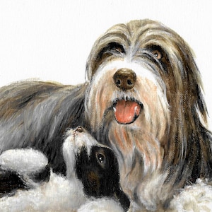 Original Oil Puppy Dog Portrait Painting BEARDED COLLIE Mother & Puppy Artwork Artist Signed