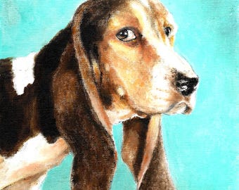 Original Oil Portrait Painting BASSET HOUND Artist Signed Puppy Dog Pet Artwork Art on Canvas