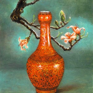 Original Still Life Oil Painting ANTIQUE CHINA VASE Flower Artist Signed Artwork Art on Canvas
