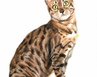 Pintura al óleo original de un gato de Bengala con manchas marrones, obra de arte firmada por el artista sobre lienzo