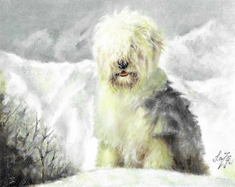 Original Oil Portrait Painting OLD ENGLISH SHEEPDOG Artist Signed Puppy Dog Pet Artwork Art Snow