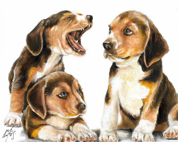 オリジナル油絵ビーグル肖像画3匹の子犬犬アーティストサイン入り 