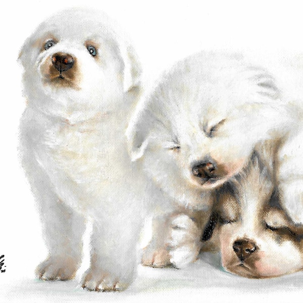 Originale Olio Ritratto Pittura GRANDE PIRENEI Artista Firmato Cucciolo Cane Pet Artwork Art